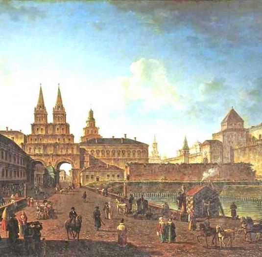 View of the Voskresensky and Nikolsky Gates and the Neglinny Bridge from Tverskay Street in Moscow