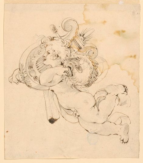 A Flying Putto Supporting a Lyre with His Right Shoulder, and a Wreath with His Left One
