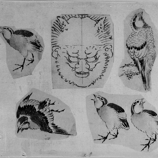 Four sketches of birds and one design for a grotesque mask, mounted together