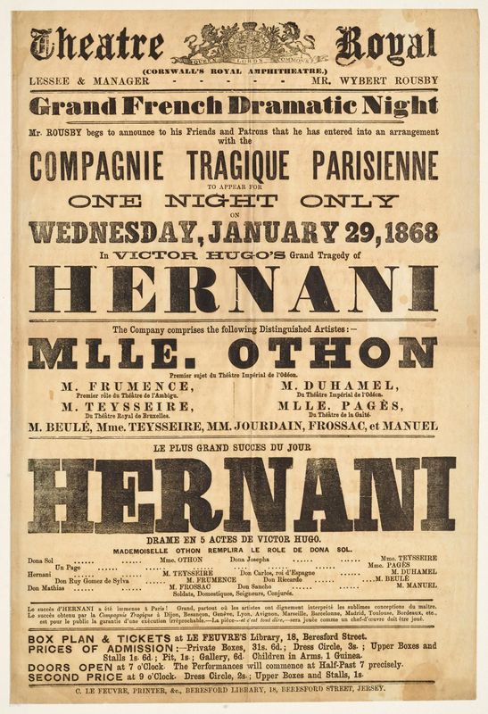 Théâtre Royal, Grand French Dramatic Night, Wednesday, January 29, 1868, in Victor Hugo Grand Tragedy of Hernani.