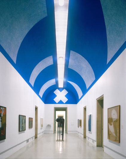 On a Blue Ceiling, Eight Geometric Figures: Circle, Trapezoid, Parallelogram, Rectangle, Square, Triangle, Right Triangle, X (Wall Drawing No. 351)