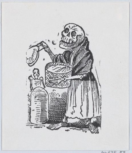 A skeleton selling tortillas from a broadside entitled 'Una Calavera Chusca'