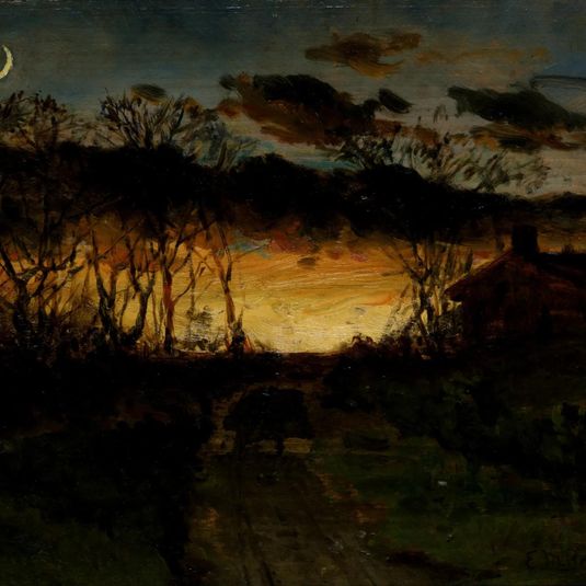 Untitled (sunset with quarter moon and farmhouse)