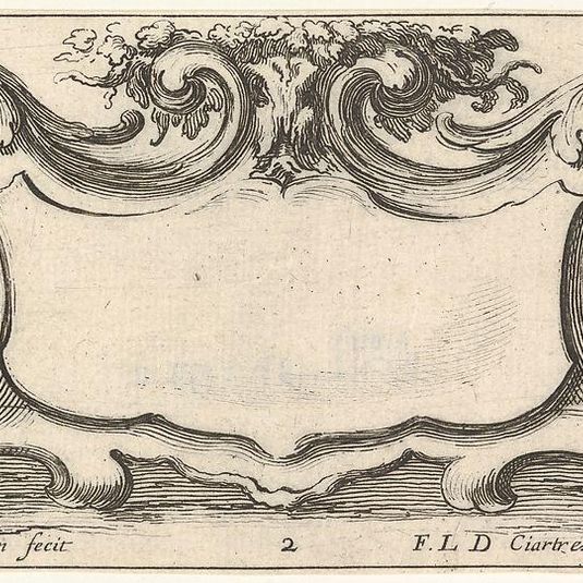 Plate 2: a cartouche with a child seen from the back to left and a child seen from the front to right, each playing with the head of a sheep crowned with flowers, from 'Twelve cartouches' (Recueil de douze cartouches)