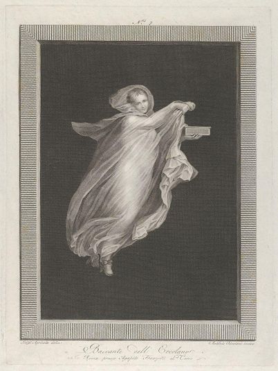 A bacchante wearing a hooded shawl and holding a box in her left hand, set against a black background inside a rectangular frame