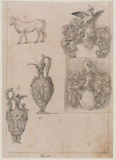 Design for Two Vases, Two Coats of Arms, and a Bull (recto)