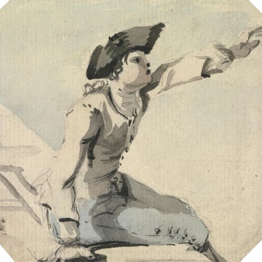 Man Seated on a Parapet Waving his Left Arm