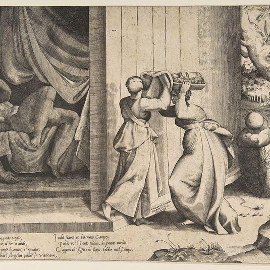 Judith passing the head of Holofernes to her maidservant, the decapitated Holofernes inside the tent at left