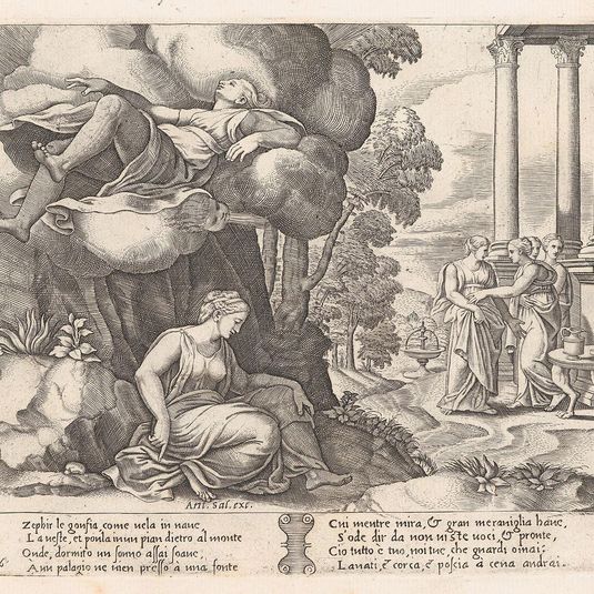 Plate 6: Zephyr carrying Psyche to an enchanted palace, from the Story of Cupid and Psyche as told by Apuleius