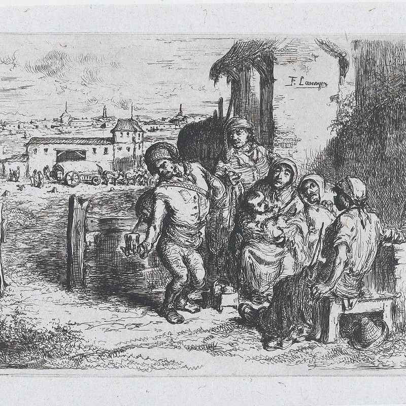 Plate 16: a group of people outdoors, including a man pouring wine or water from a vessel on his back, from the series of customs and pastimes of the Spanish people