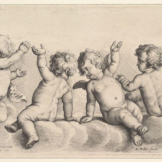 Three Cherubs and Two Boys on Clouds