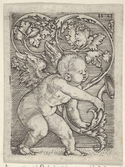 Vertical Panel with Cupid Holding the End of a Plant Sprouting Tendrils