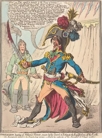 Buonaparte, Hearing of Nelson's Victory, Swears by His Sword, to Extirpate the English off the Earth (from: Caricature, vol. 1)