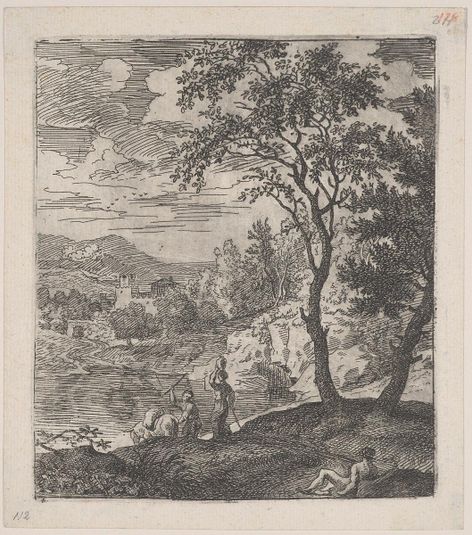 Plate 4: a peasant with a donkey on a riverbank, a woman walking towards him with a vase on her head, and a reclining figure at right in the foreground, from 'Landscapes in the manner of Gaspar Dughet'