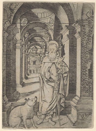 Saint Antony Abbot standing within a colonnade