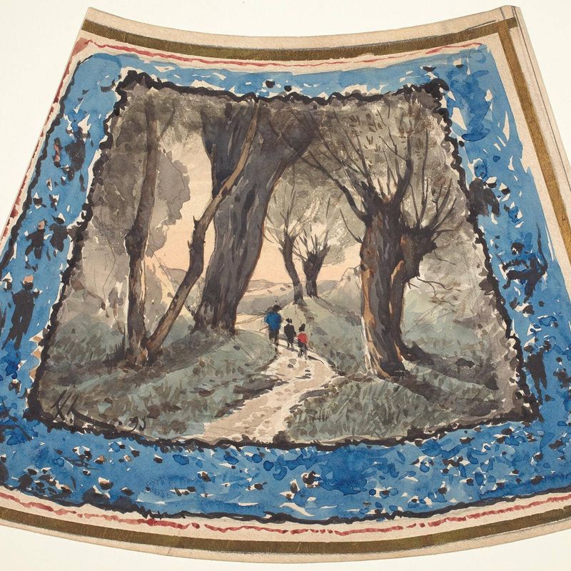 Travelers on a Wooded Path with a Border of Whimsical Figures and Monkeys