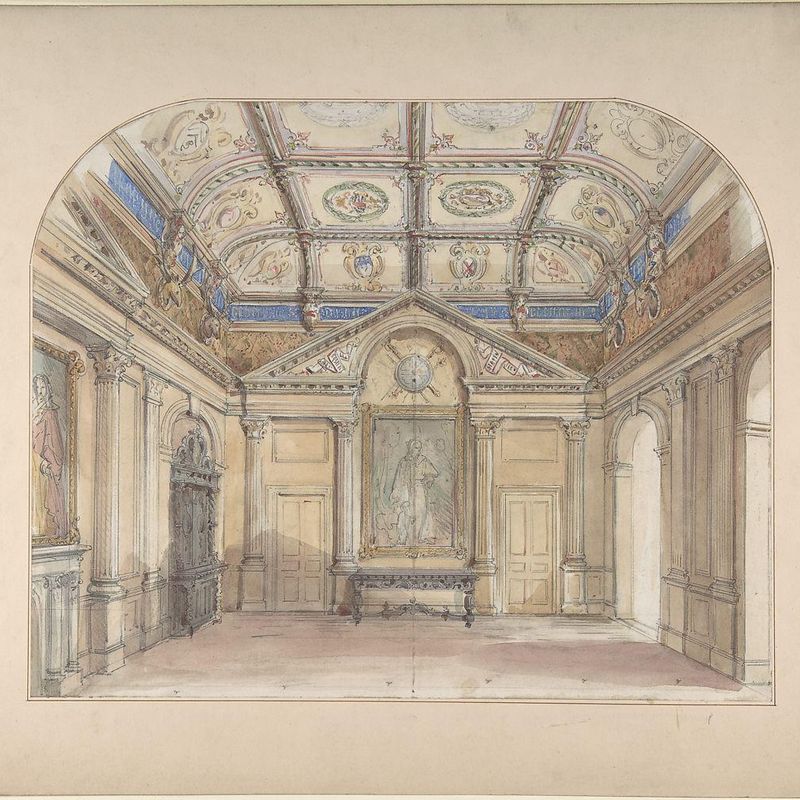 Interior with coffered ceiling and Corinthian order applied to walls