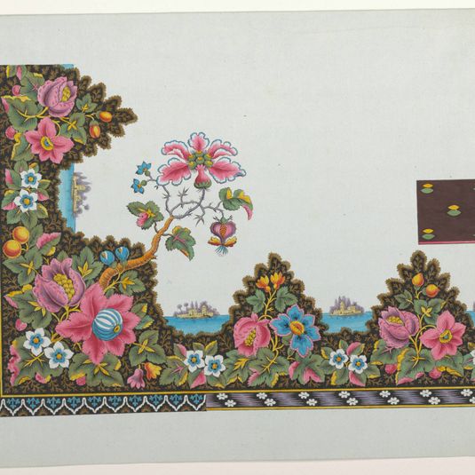 Design for a Printed Textile: Floral Border with Islands on a Lake