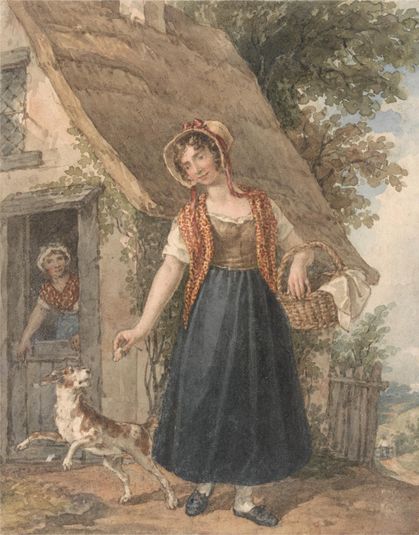 Young Woman with Dog Outside a Cottage Doorway