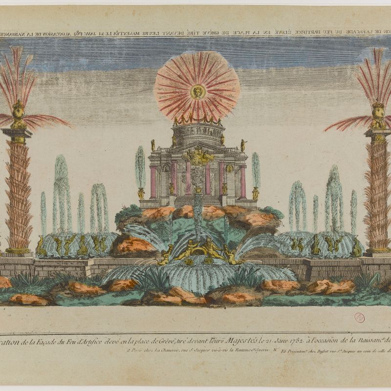 Vuë et Décoration de la Façade du Feu d'Artifice élevé en la place de Grêve, tiré devant leurs Majestés le 21 Janv. 1782 à l'occasion de la Naissanc.e de M.gr le Dauphin