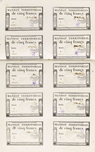 Planche de dix mandats territoriaux de 5 francs, type vérificateur, série 1., 28 Ventôse an 4