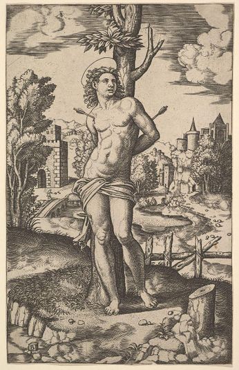 Saint Sebastian tied to a tree and pierced with arrows