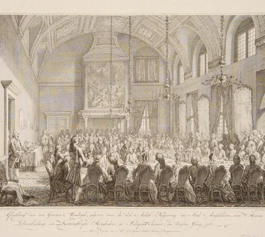 'Afbeelding van den grooten maaltyd, gegeven door de Ed. Achtb. Regeering der stad Amsterdam, aan hunne Doorluchtige en Koningklyke Hoogheden; in de Schepens-kamer, den eersten Juny 1768.'