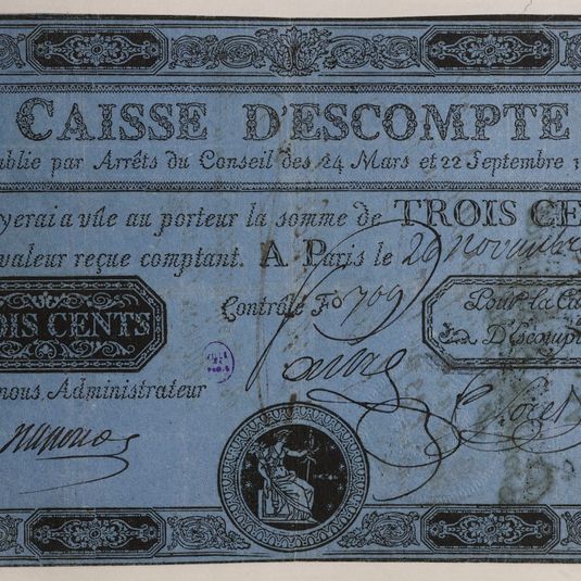 Billet de 300 livres, Caisse d'escompte, n° 810-Z, Contrôle F° 709, 26 novembre 1789