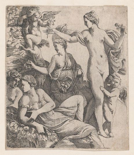 Venus, standing with the three Graces, is offered a flower from a putto