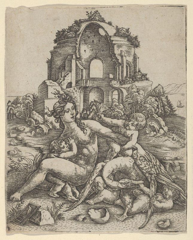 Leda and her children playing with the swan, with a Roman temple in the background
