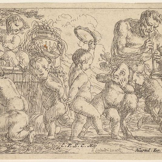 Satyr playing a pipe beside a putti holding a mask, surrounded by putti climbing over a low wall and dancing with musical instruments
