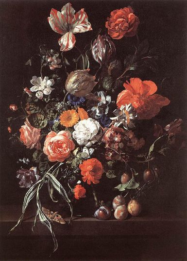 Roses, Tulips, Ranunculus and Other Flowers in a Glass Vase, with Plums