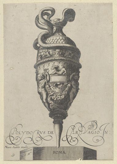Plate 9: Vase or Ewer with a Serpent Handle and Two Putti holding up a Garland, from Antique Vases (‘Vasa a Polydoro Caravagino’)