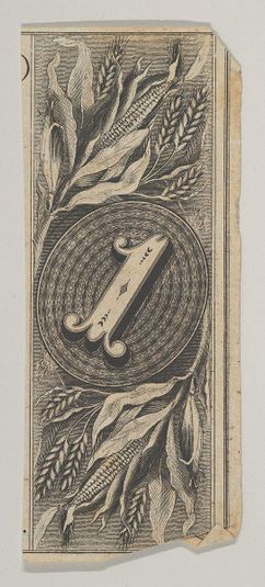 Banknote motif: the number 1 against an oval of woven lathe work, inside a rectangle decorated with grain