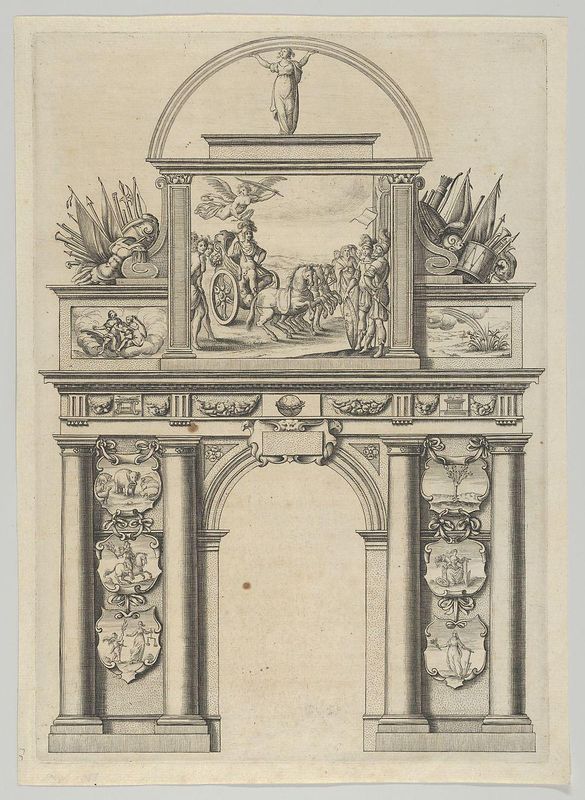 Triumphal arch, from 'Éloges et discours sur la triomphante réception du Roy en sa ville de Paris ...' by Jean-Baptiste de Machault