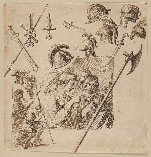 Sheet with Two Figural Compositions and Studies of Helmets and Arms