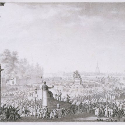 Révolution française : Première fête de la Liberté en l'honneur de la libération des quarante soldats Suisses de Château-Vieux, envoyés aux galères suite à la mutinerie de l'affaire de Nancy (août- septembre 1790). 15 avril 1792. Place Louis XV ...