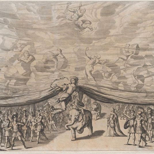 Prologue; the stage curtain is lifted to reveal a soldier on an elephant surrounded by his army; above Jupiter and his eagle look down on men carrying boulders; set design from 'La Monarchia Latina Trionfante'
