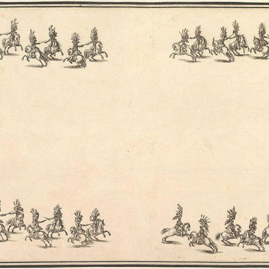 Twenty-four riders dueling with swords in four groups, with two groups in lines at the top and bottom of the page, from 'La gara delle Stagioni'