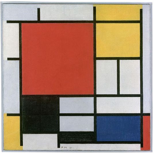Compositie met groot rood vlak, geel, zwart, grijs en blauw