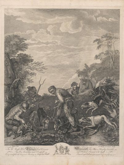 A set of seven, untitled, each dedicated: To the Right Hon'ble. Thomas Lord Viscount Weymouth...from the Original Painting in Long Leat Hall. [Three men digging out a fox's earth, watched eagerly by hounds...]