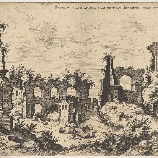 View of ruins on the Palatine Hill with trabeated facade at left and arcades at center, from the series 'The Ruins of Rome' (Praecipua aliquot Romanae antiquitatis ruinarum monimenta, vivis prospectibus)