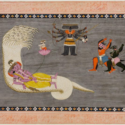 Vishnu on Serpent Shesha, with Brahma, Devi, and Demons