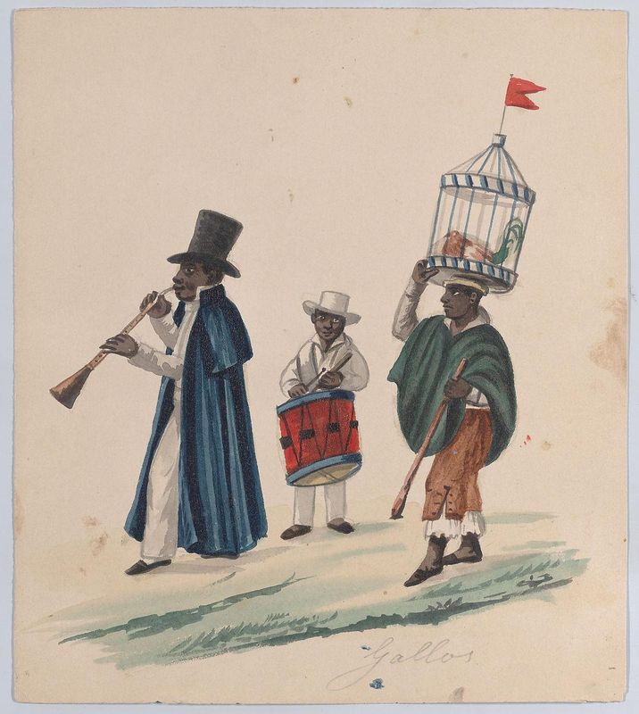 Two musicians and a man carrying on his head a rooster in cage, from a group of drawings depicting Peruvian costume