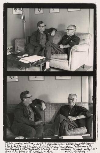 Philip Whalen visiting Lloyd Reynolds, his house Reed College- Lloyd had taught Snyder Welch & Whalen their Italic Calligraphy & Challenged McCarthyism & brought W.C. Williams to read, early 1950's. Here late July 1963, Portland Oregon.
