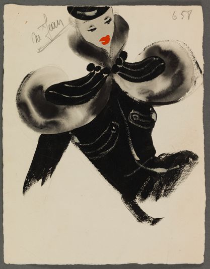 Manteau noir avec col montant et épaulettes larges, 1938, Fonds d'arts graphiques de la maison Max Fourrures