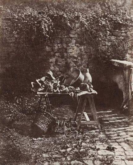 Nature Morte: chaudron, cruche et legumes, sur une table a tretaux (Still Life: Pot, Pitcher and Vegetables on a Sawhorse Table)