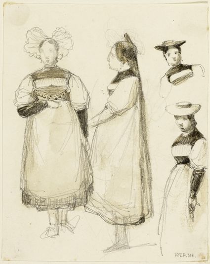 Quatre études de costumes féminins (face et profil)