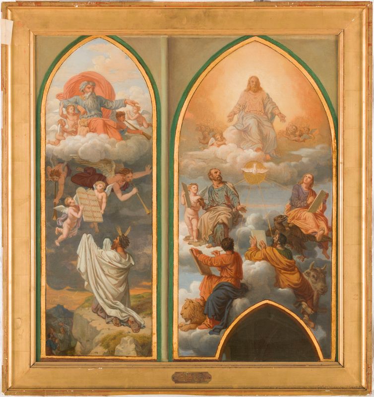 Esquisse pour l'église Saint-Gervais : Moïse recevant de Dieu les tables de la loi. Jésus et les quatre évangélistes.