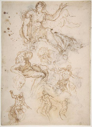 Figure Studies: Seated Female Holding a Book, Two Heads of Bearded Men, Seated Male Nude, and Four Sketches for Christ Judging (recto); Studies for Cain Slaying Abel (verso)